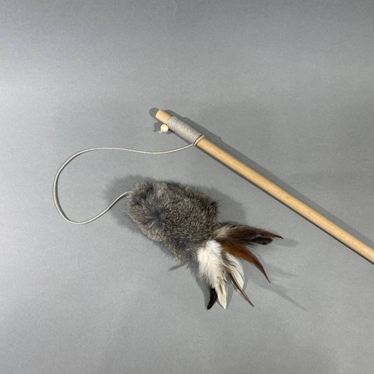 🐱 Canne à pêche pour chats - Fourrure naturelle & plumes