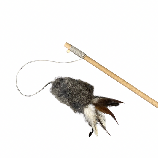 🐱 Canne à pêche pour chats - Fourrure naturelle & plumes